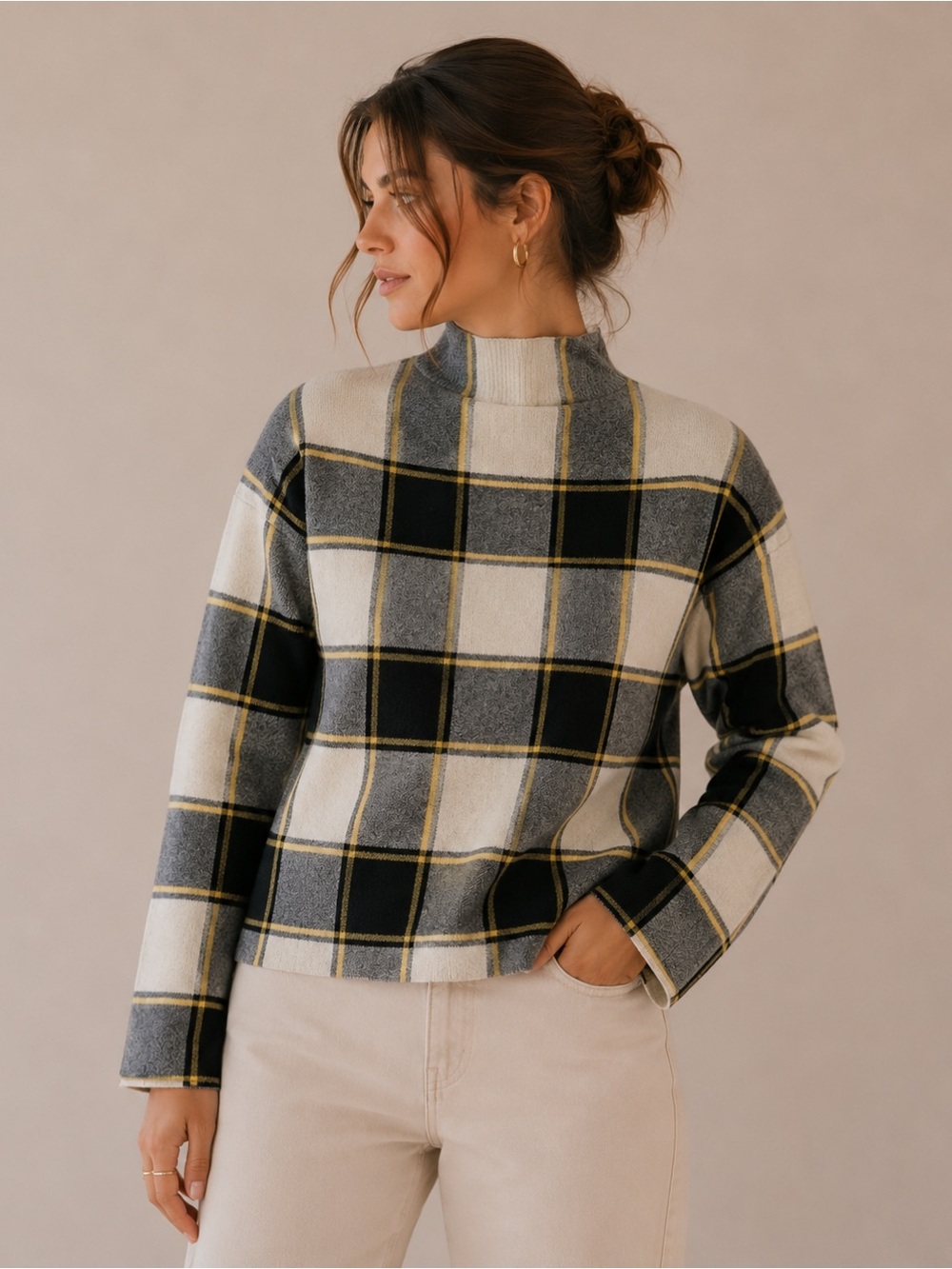 Rachel Zoe Plaid Mock Neck Sweater in Black, & Cream with Yellow Trim Size XL